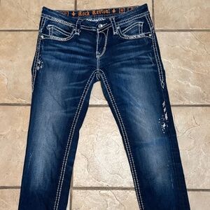 Women's Size 30 Rock Revival May Skinny 32 In Waist Blue Denim Jeans Distressed